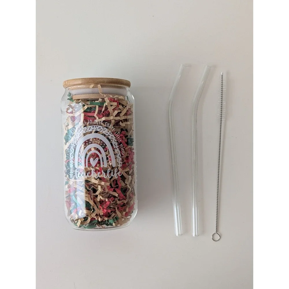 Glass Drinking Cup Bamboo Lid Glass Straw Teacher Appreciation
